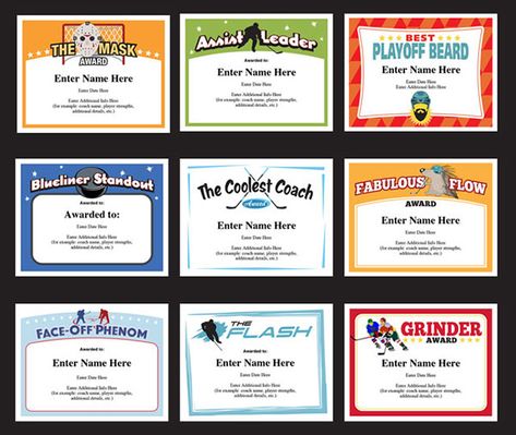 Hockey award certificates. These sports templates are a fun way to recognize players and coaches. From Assist Leader to Coolest Coach, you're sure to find something for everyone. Great designs! Funny Awards Certificates, Hockey Awards, Softball Awards, Basketball Awards, Softball Things, Basketball Trophies, Fantasy Football Gifts, Soccer Awards, Funny Awards