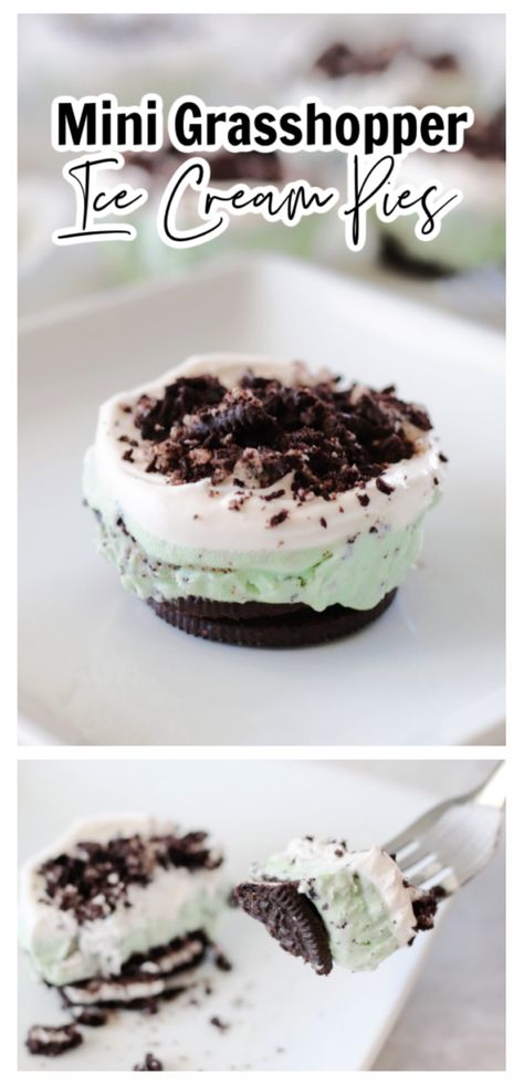 mini grasshopper ice cream pies Butterfinger Ice Cream, Creamed Turkey, Ice Cream Pie Recipe, Peppermint Ice Cream, Mint Chip Ice Cream, Mint Oreo, Oreo Cookie Crust, Oreo Ice Cream, Cream Pies