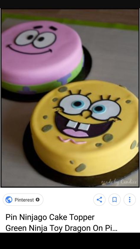 SpongeBob and Patrick cakes Spongebob And Patrick Cake, Patrick Cake, Ninjago Cakes, Spongebob And Patrick, Green Toys, Cake Ideas, Party Planning, Cake Toppers, Cake Decorating