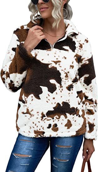 OMG This cowprint sherpa sweatshirt is to die for. Must have this!!! Sweatshirt Women Casual, Flannel Sweatshirt, Zip Collar, Country Outfits, Inspiration Mode, Print Pullover, Cow Print, White Sweatshirt, Long Sleeve Casual