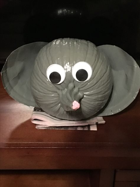 Painted Elephant pumpkin Painted Pumpkins Animals, Elephant Pumpkin Painting, Zoo Animal Pumpkin Decorating, Owl Pumpkin Painting, Elephant Pumpkin Carving, Elephant Pumpkin, Fall Porches, Pumpkin Paintings, Creative Pumpkin Decorating