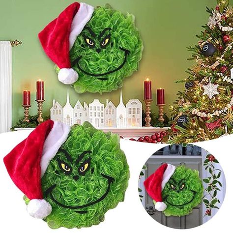 #grinch #frontdoor #decoration #party #funny #homedecor #christmas #wall #window #christmasdecor Grinch Christmas Door, Xmas Grinch, Grinch Decor, Faux Wreath, Grinch Tree, Christmas Door Hangings, Grinch Wreath, Door Hanging Decorations, Ornament Garland