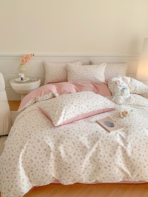 3pcs Pink Rose Print Bedding Set, 2 Pillow Cases + 1 Duvet Cover Multicolor Pastorale   Cotton Tropical,Plants   All Seasons Bedding, size features are:Bust: ,Length: ,Sleeve Length: Bed Spreads Pink And White, White And Pink Duvet, Pink Coquette Bedding, Bed Sheets Flowers, Cute Bedding Pink, Pink Flower Bed Sheets, Shein Bedding, Uni Bedroom Decor, Pink Bedding Room Ideas