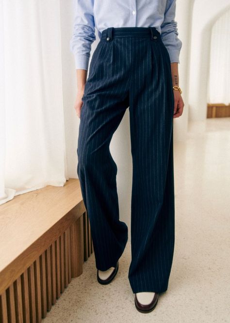 Navy Pinstripe Pants Outfit, Navy Blue Trousers Outfit, Blue Trousers Outfit, Pinstripe Pants Outfit, Sezane Pants, Stripe Pants Outfit, Striped Pants Women, Lifestyle Dresses, Trouser Outfit