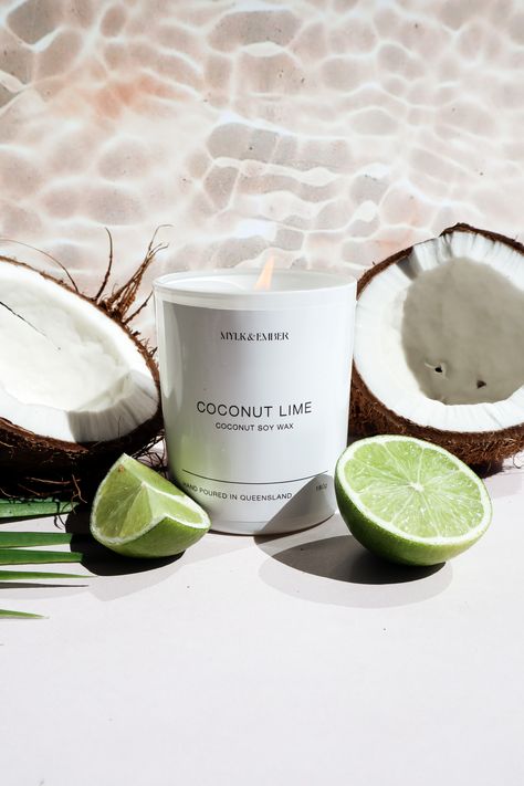 Beach Theme Product Photography, Tropical Product Photography, Coconut Product Photography, Lime Candles, Citrus Candle Photography, Beachy Candles, Lux Candles, Candle Board, Cocnut Candle