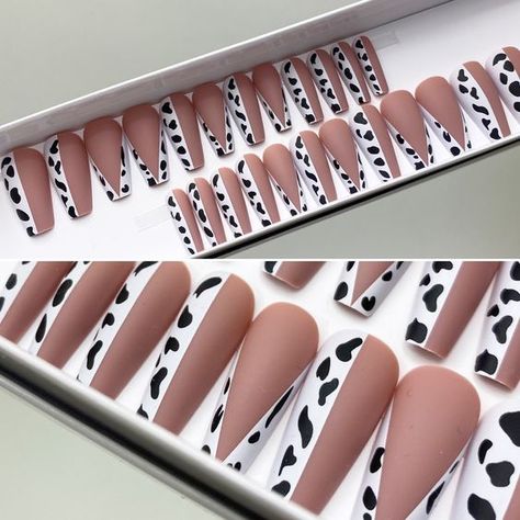 Instant Glam Moo Cow Pattern Medium Coffin Press On Nail Set#Nail #nailcolor #nailpolish Cow Pattern Nails, Nails Medium Coffin, French Manicure Acrylic Nails, Pattern Nails, Black And White Cow Print, Disney Acrylic Nails, Business Nails, Moo Cow, Medium Coffin