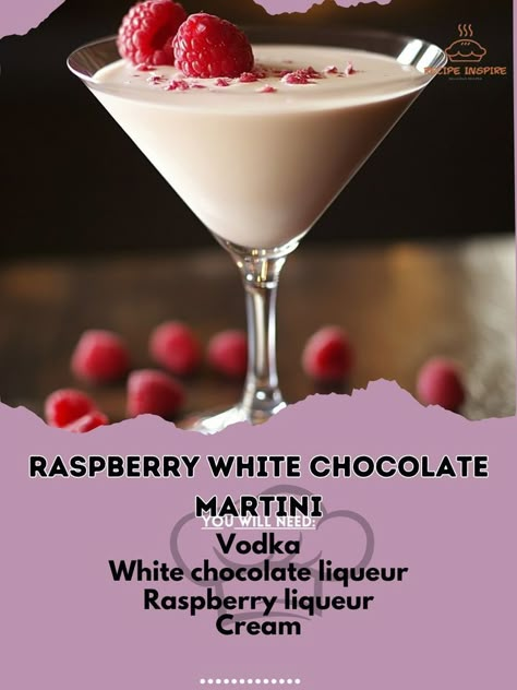 Vodka 1.5 oz\nWhite chocolate liqueur 1 oz\nRaspberry liqueur 0.5 oz\nCream 1 oz\nIce as needed\nFresh raspberries for garnish\nShake vodka, white chocolate liqueur, raspberry liqueur, and cream with ice.\nStrain into a chilled martini glass.\nGarnish with fresh raspberries.\nIndulge in the creamy and fruity martini  a luxurious sip of pure indulgence!\n#MartiniMagic #SweetIndulgence #CocktailRecipe Fruity Martini, Pub Cocktails, Alcohol Drink Ideas, Girly Cocktails, Passing The Bar Exam, Cocktail Contest, Diy Bars, Alcoholic Milkshake, White Chocolate Martini