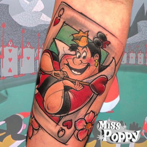 Disney Queen Of Hearts Tattoo, Queen Of Hearts Tattoo Alice, Villain Tattoo, Mum Tattoos, Queen Of Hearts Tattoo, Mum Tattoo, Luck Tattoo, Queen Of Hearts Alice, Off With Their Heads