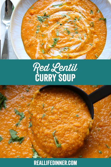 Red Lentil Curry Soup ~ https://reallifedinner.com Red Lentil Curry Soup, Lentil Curry Soup, Red Curry Lentils, Curry Lentil Soup, Postpartum Recipes, Red Lentil Curry, Chicken Curry Soup, Meatless Monday Dinner, Curry Seasoning