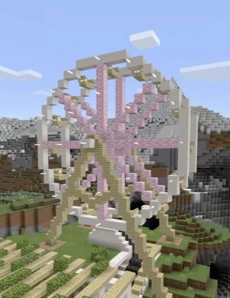 Hello Kitty Castle Minecraft, Sanrio Houses Minecraft, Pink Fountain Minecraft, Ferris Wheel Minecraft, Cinnamoroll Minecraft House, Kuromi Minecraft House, Minecraft Ferris Wheel, Minecraft Kawaii Builds, Minecraft Grand Staircase