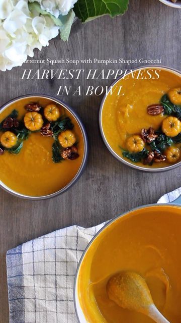 Chillax Kitchen on Instagram: "Harvest Happiness in a Bowl: Butternut Squash Soup with Pumpkin-Shaped Gnocchi Looking for a unique twist on classic butternut squash soup? Try making a homemade pumpkin-shaped dumpling that is gnocchi inspired! It’s a fun and delicious way to elevate this cozy comfort food.  👉🏼Link in profile for a full video & recipe. #soup #souprecipe #comfortfood #cookingathome #recipeoftheday #finedining #delicious #tasty #homecooking #dinnerideas #f52community #tohfoodie Squash Flower Soup, Pumpkin Shaped Gnocchi, Gnocchi Plating, Pumpkin Soup Aesthetic, Butternut Squash Dumplings, Shaped Gnocchi, Dumpling Squash, Halloween Soup, Autumn Dishes