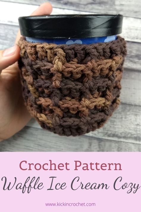 Stitch Ice Cream, Ice Cream Pint Cozy, Ice Cream Pint, Ice Cream Cozy, Crochet Mug Cozy, One Skein Crochet, Pint Of Ice Cream, Waffle Ice Cream, Ice Cream Containers