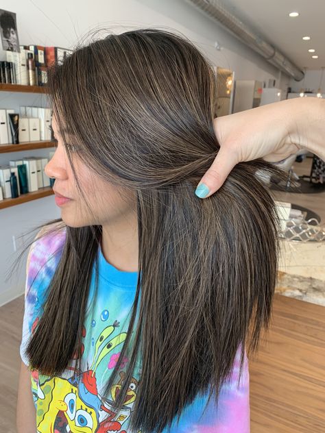 Highlight Ideas For Hair, Fine Highlights On Dark Hair, Baby Highlights Dark Hair, Hair With Natural Highlights, Blended Highlights, Highlights Thick, Luxury Hair Salon, Highlights On Black Hair, Straight Hair Highlights