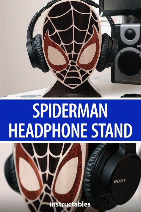 Build a headphone stand shaped like Spiderman Miles Morales from Into the Spider-verse.  #woodworking #woodshop #workshop #decor #movie #cartoon #kids #Marvel #superhero Marvel Wood Projects, Diy Headphone Stand, Spiderman Into The Spider Verse, Marvel Merch, Workshop Decor, Marvel Diy, Spiderman Miles Morales, Spiderman Miles, Scrap Projects