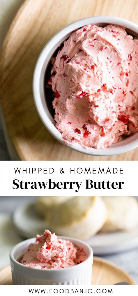 Fancy up your brunch with this homemade whipped strawberry butter. It's creamy and fluffy and delicious on croissants, biscuits, or even just toast! Homemade Strawberry Butter, Strawberry Butter 12 Tomatoes, Sweet Whipped Butter, Strawberry Compound Butter, Homemade Strawberry Bread, Gourmet Butter Recipes, Whipped Butter Flavors, Flavored Whipped Butter Recipes, Whipped Flavored Butter