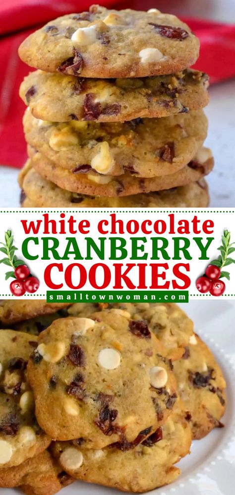 Everyone's holiday baking list must have these White Chocolate Cranberry Cookies! Each bite of this Christmas dessert is wonderfully tart and sweet. Complete with walnuts, this soft and chewy Christmas cookie recipe is undeniably scrumptious! Christmas Cookies Recipes Holiday Xmas, Christmas Baking Recipes Cookies, Homemade Christmas Desserts, Chocolate Cranberry Cookies, Special Cookies, White Chocolate Cranberry Cookies, Holiday Baking List, Baking List, Chocolate Cranberry