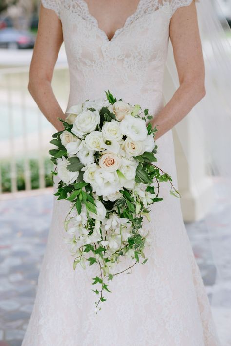 Small Cascade Bridal Bouquet, Simple Cascade Bridal Bouquet, Cascading Bridal Bouquets Blush, White Green Bouquet, Bride Bouquet Pink, White Wedding Flowers Bouquet, Bridal Bouquet Styles, Silk Flower Bridal Bouquet, Pink Green Wedding