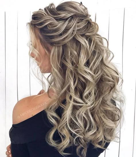 39 Gorgeous Half Up Half Down Hairstyles - Fabmood | Wedding Colors, Wedding Themes, Wedding color palettes Half Up Half Down Wedding Hair Volume Updo, Wedding Hair Dues Half Up, Half Updo Wedding Hair Curly, Haf Up Half Down Hairstyles For Weddings Long Curly, Half Up Half Down Wedding Hair Long Curls, Bridesmaid Hair Curly All Down, Long Curly Hair Down Wedding, Hair Extensions Half Up Half Down, Gorgeous Wedding Hair