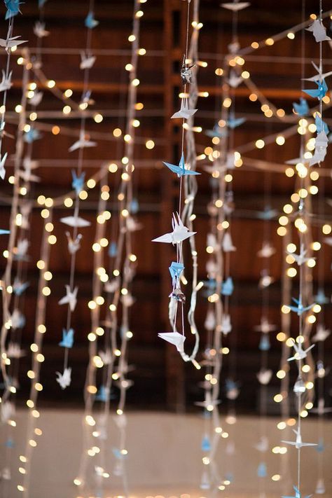 Thousand Crane Winter Wedding {Alexandra Graham Photography} A Thousand Cranes, Fairy Light Backdrops, Outdoor Wedding Backdrops, Origami Wedding, Wedding Day Tips, Lighting Tips, Bridal Tips, Diy Wedding Backdrop, Paper Cranes