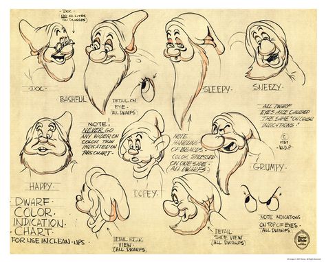 "Dwarf Color Chart" - Walt Disney's Snow White and the Seven Dwarfs [original production concept art] Animation Disney, 7 Dwarfs, Sette Nani, Concept Art World, Character Model Sheet, Character Model, Drawing Cartoon Characters, Snow White And The Seven Dwarfs, Characters Design