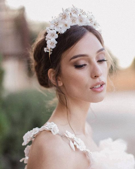 Twigs & Honey® on Instagram: “Lovely tiara style 2010 is a decadent and texturally rich piece. It features over a dozen handmade flowers and floral elements accented…” Tiara And Veil, Floral Headband Wedding, Flower Headband Wedding, Bridal Flower Headband, Floral Headpiece Wedding, Flower Tiara, Bridal Flower Crown, Bride Headpiece, Floral Accessories Hair