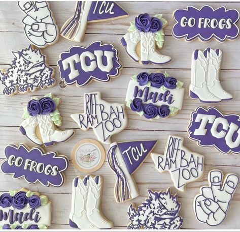 Tcu Party Decorations, Tcu Cookies Decorated, College Grad Cookies, Pink And Orange Graduation Cookies, Ecu Graduation Party, Tcu Graduation Party, Tcu Cookies, Indoor Grad Party, Tcu Party