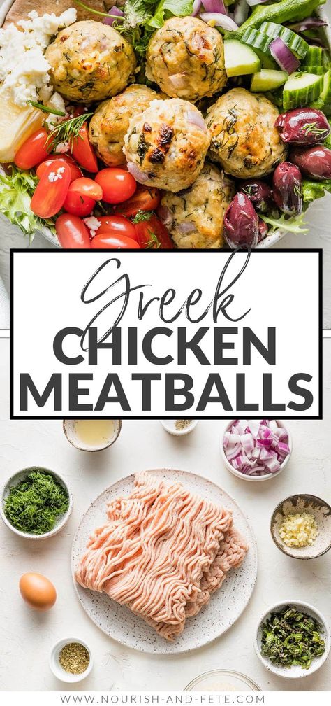 Tender, versatile Greek Chicken Meatballs are easy to make and packed with delicious Mediterranean flavors. Serve in bowls, salads, or pita with your favorite veggies and drizzles of tzatziki or homemade Greek dressing. I love to bake them for the hands-off convenience, but they're easy to pan fry, as well. Greek Chicken Meatballs, Greek Meatballs Recipe, Homemade Greek Dressing, Baked Greek Chicken, Mediterranean Recipes Healthy, Mediterranean Diet Recipes Dinners, Mediterranean Flavors, Greek Meatballs, Greek Dressing