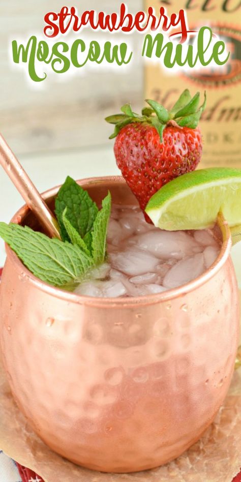 How To Make A Moscow Mule, Strawberry Moscow Mule Recipe, Strawberry Mule Recipe, Flavored Moscow Mule Recipe, Moscow Mule Pitcher Recipe, Berry Moscow Mule, Mule Drink Recipes, Spicy Mule, Easy Moscow Mule Recipe