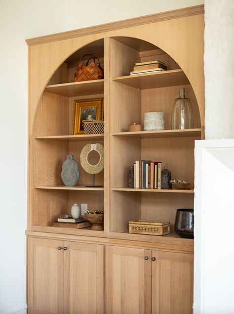 Recessed Bookshelf In Wall, Inset Bookshelf, Recessed Bookcase, Mid Century Built Ins, End Of Hallway, Green Accent Chair, White Sectional, Kitchen Transformation, Custom Built Ins