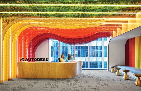 Rainbow Hues Inform Autodesk's Innovative Office in Atlanta Rainbow Ceiling Design, Fun Ceiling Ideas, Rainbow Canopy, Atlanta Beltline, Acoustic Ceiling Panels, Innovative Office, Downtown Atlanta, New York Office, Studios Architecture