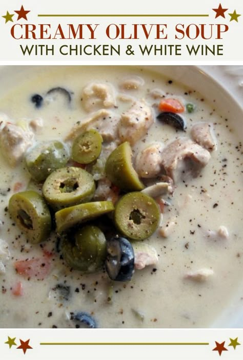 Creamy Olive Soup. A delicious, elegant soup and with white wine, both black and pimento-stuffed olives, light cream, a knockout anytime of year. This can be served as a first course, or add chicken to make a heartier entrée. A recipe from a bed and breakfast, this is pure comfort food.  #black #olives #soup #chicken #comfortfood via @lannisam Soup With Olives, Green Olive Soup, Black Olive Recipes, Olive Soup, Olives Recipes, Black Olives Recipes, Olive Chicken, Decadent Recipes, Stuffed Olives