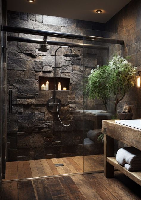 Wood Stone Metal Interior Design, Rustic Ensuite Bathroom Ideas, Rustic Ensuite, Grotto Bathroom, Stone Bedroom, Ensuite Bathroom Ideas, Dröm Hus Planer, Boutique Bathroom, Master Ensuite Bathroom