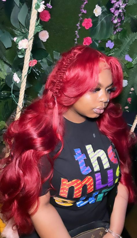 Red Frontal Wig Install, Red Wig Install Styles, Red Wig For Black Women Hairstyles, Outfits With Red Hair Black Women, Red Lace Front Wigs Black Women, Red Hairstyles Black Women, Red Hair Styles For Black Women, Red Wig Black Women, Red Wig Hairstyles