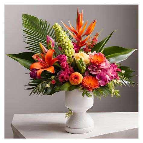 Tropical and Unique Flowers with a wonderful vibe of vacation is this incredible style design. Send the tropics with this bright colorful flower arrangement to someone special and let the colors help you escape in your mind on an exotic journey. We combine the vibrant beauty of fresh unique flowers with the refreshing allure of a vacation state of mind. Why Us? Customized Floral Arrangements: Each bouquet is thoughtfully designed to reflect your unique vision, ensuring a personal touch that transforms every arrangement into a one-of-a-kind masterpiece created by an award winning florist. Handpicked Fresh Blooms: We meticulously work with growers to select the freshest flowers from farms, guaranteeing vibrant, long-lasting arrangements that bring joy and beauty to any occasion. Personalized Tropical Flower Bridal Bouquet, High Style Floral Arrangements, Artistic Flower Arrangements, Cool Flower Arrangements, Exotic Flower Bouquet, Exotic Flower Arrangements, Vibrant Flower Arrangements, Vibrant Centerpieces, Exotic Flowers Tropical