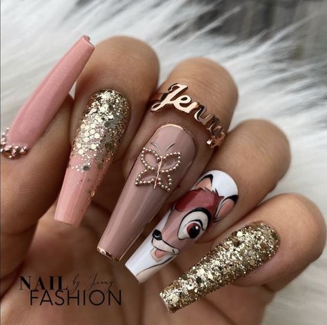 Disney Nails Long, Olaf Nails Designs, Bambi Nails, Acrylic Nails Halloween, Nail Glow, Almond Acrylic Nails Designs, Nails Disney, Disney Inspired Nails, Disney Acrylic Nails