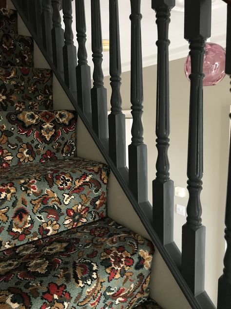 Eclectic Queenslander, Modern Colour Palette, Victorian Stairs, Dark Staircase, Patterned Stair Carpet, Carpeted Stairs, Carpet Staircase, Craftsman Home Interiors, Stairs Landing