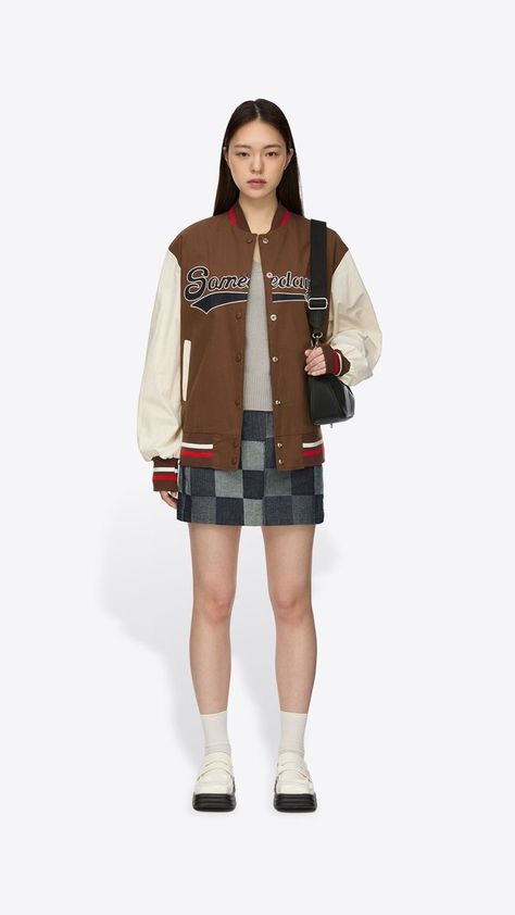 Jacket Outfit Korean, Varsity Jacket Outfit, Short Skirts Outfits, Skirts Outfits, Outfit Korean, Jacket Outfit, Short Shorts, Skirt Outfits, Korean Girl