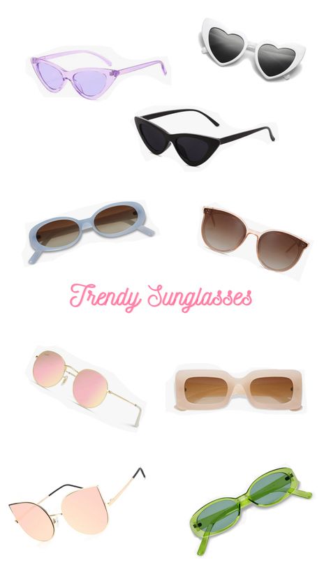 Trendy sunglasses inspired by y2k fashion. Pink lenses, colored frames, cat eyes. Overall eye catching sunglasses. Where To Get Cute Sunglasses, Cute Summer Sunglasses, Cute Sunglasses Aesthetic, Trendy Sunglasses 2022, Sunglasses For Women 2022, Trendy Sunglasses For Women, Sunglasses 2022, Sunglasses Aesthetic, 2021 Aesthetic