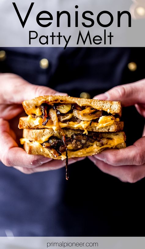 This venison patty melt is hands-down one of THE BEST sandwiches we have ever enjoyed! Juicy ground venison, topped with melty cheese and sweet Vidalia onions. Venison Queso Dip, Venison Queso, Easy Ground Venison Recipes, Venison Sliders, Ground Venison Recipes, Food Recipes Vegetarian, Patty Melt Recipe, Venison Tenderloin, Elk Recipes