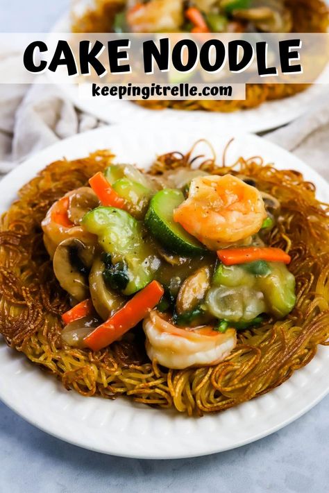 Cake noodle is a Chinese dish featuring egg noodles, shrimp, stir-fried vegetables, and a flavorful homemade sauce. It’s a classic recipe that’s very popular in Hawai’i and an easy dinner option! Cake Noodle Recipe, Noodle Sauce Recipe, Ono Kine Recipes, Noodles Shrimp, Carb Substitutes, Chinese Cake, Easy Dinner Options, Crispy Noodles, Chinese Bbq Pork