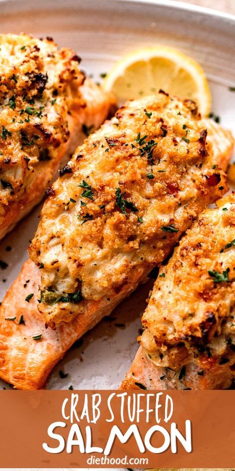 Stuffed Salmon Cream Cheese, Crab Rangoon Stuffed Salmon, Crab Crusted Fish, Stuffed Salmon Recipes Baked Crab Meat, Salmon Flatbread Recipes, What To Do With Crab Meat, Blackened Stuffed Salmon, Crab Stuffing Recipe For Fish, Salmon Crab Stuffed