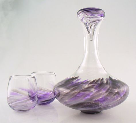 Hand Blown Glass Wine Decanter Set in deep smokey purple and brilliant violet.  Comes with two stemless wine glasses and is made at Glassometry Studios. Altered Jars, Wine Decanter Set, Hand Painted Bottles, Decanter Set, Stemless Wine Glasses, Bottle Painting, Decanters, Wine Decanter, Hand Blown Glass