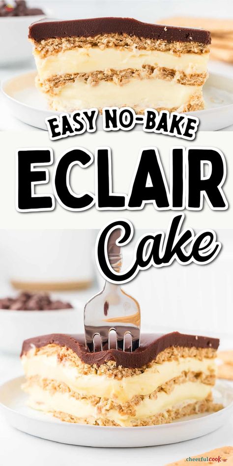 This no-bake Eclair Cake has creamy vanilla layers, graham crackers, and rich chocolate ganache! Easy, delicious, and perfect for any occasion. #CheerfulCook #EclairCake #NoBakeDessert #EasyRecipe #ChocolateGanache ♡ cheerfulcook.com Pan Eclair Recipe, Recipes Using Philadelphia No Bake Cheesecake Filling, Eclair Cake No Bake, Eclair Dessert, Eclairs Dessert, No Bake Eclair Cake, Eclair Cake Recipes, Chocolate Eclair Cake, Blueberry Dump Cakes