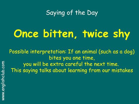 Once bitten, twice shy Once Bitten Twice Shy Quotes, Once Bitten Twice Shy, Proverbs English, Idiomatic Expressions, English Phrases Idioms, Idioms And Phrases, English Vocab, Uncommon Words, Interesting English Words