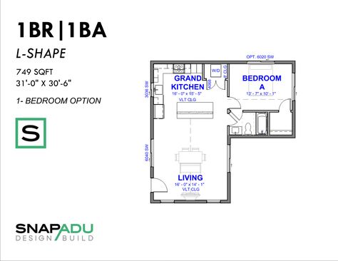 Casita Floor Plan - 1 Bedroom 1 Bath ADU plan under 750 sqft Casita Floor Plans, 1 Bedroom Adu, Casita Plans, Adu Plans, Floorplan Ideas, Granny Flat Plans, Tiny Home Plans, 1 Bedroom House Plans, Guest House Plans