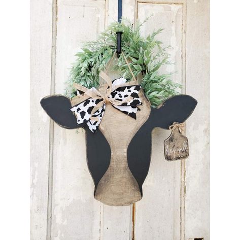 Cow Head Custom Door Hanger Cut Out Cow Head Sign - Etsy Cow Ear Tag, Cow Door Hanger, Cow Wreath, Custom Door Hangers, Farmhouse Theme, Heifer Cow, Wood Block Crafts, Hanger Decor, Wooden Door Hanger