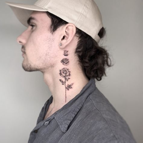 Small Rose Tattoos, Word Neck Tattoos, American Traditional Rose, Rose Neck Tattoo, Vertical Tattoo, Butterfly Neck Tattoo, Simple Rose Tattoo, Rose Tattoos For Men, Small Rose Tattoo