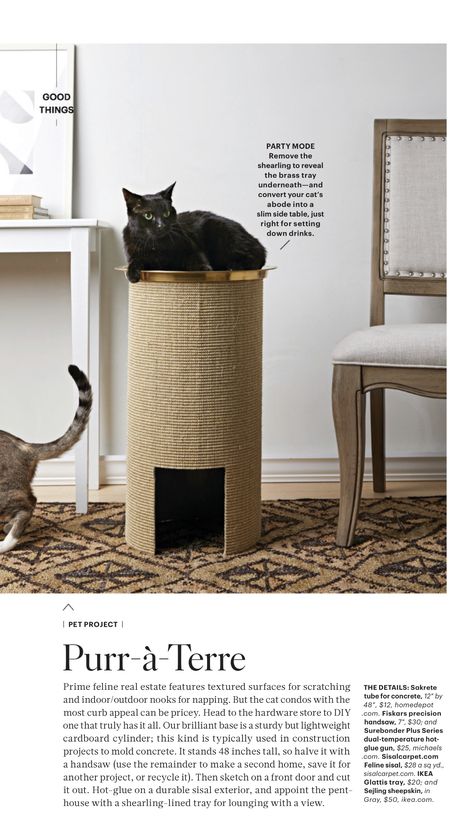 DIY Cat Scratcher Tower, from Martha Stewart Living, Feb 2020 Vertical Cat Scratcher, Pretty Cat Furniture, Cat Scratcher Diy, Kitty Essentials, Cat Shelters For Winter, Diy Cat Scratcher, Diy Cat Tower, Cat Shelters, Diy Pet Bed