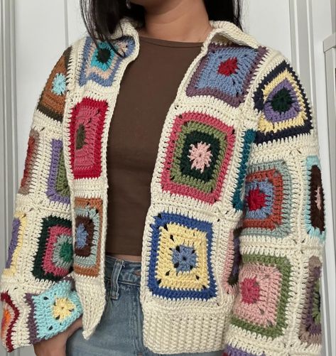 my granny square cardigan for when it gets cold (hopefully) soon!!! i used worsted cotton with solid granny squares and i’m love 🥰 #crochet #crochetlove #crochetersofinstagram #crochetcardigan #grannysquare #grannysquarecardigan #crochetinspiration #crochetsweater #crocheted #smallbusiness #crochetdesign Square Cardigan Pattern, Granny Square Cardigan Pattern, Solid Granny Square, Granny Square Cardigan, M Love, Square Cardigan, My Granny, Cardigan Pattern, Love Crochet