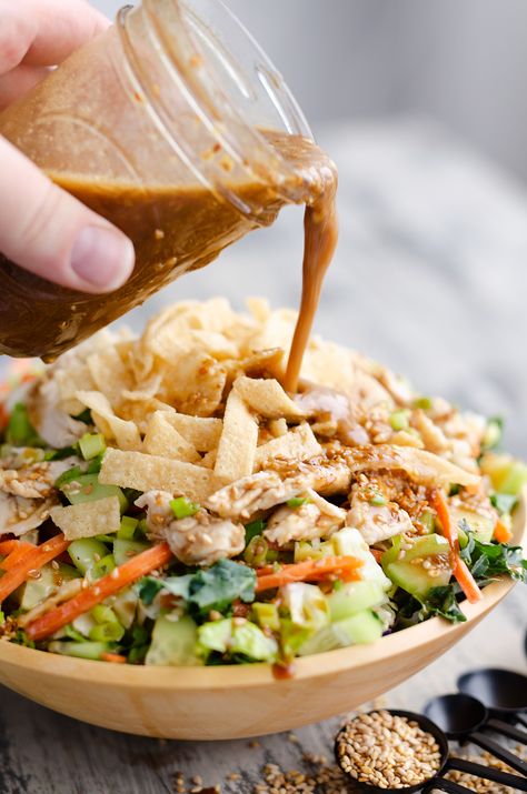 Asian Toasted Sesame Chicken Salad with homemade salad dressing Toasted Sesame Dressing, Sesame Dressing Recipe, Healthy Vinaigrette, Sesame Salad Dressing, Sesame Salad, Asian Salad Dressing, Asian Inspired Salad, Salad Dressing Recipe, Doner Kebab